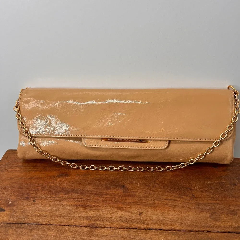 BCBGMAXAZRIA Tan Patent Leather Envelope Clutch Gold Chain Detail Bag